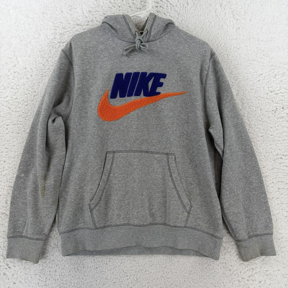 Nike Mens Gray Pullover Fleece Hoodie Chenille Swoosh Logo FN3104-063 Medium
